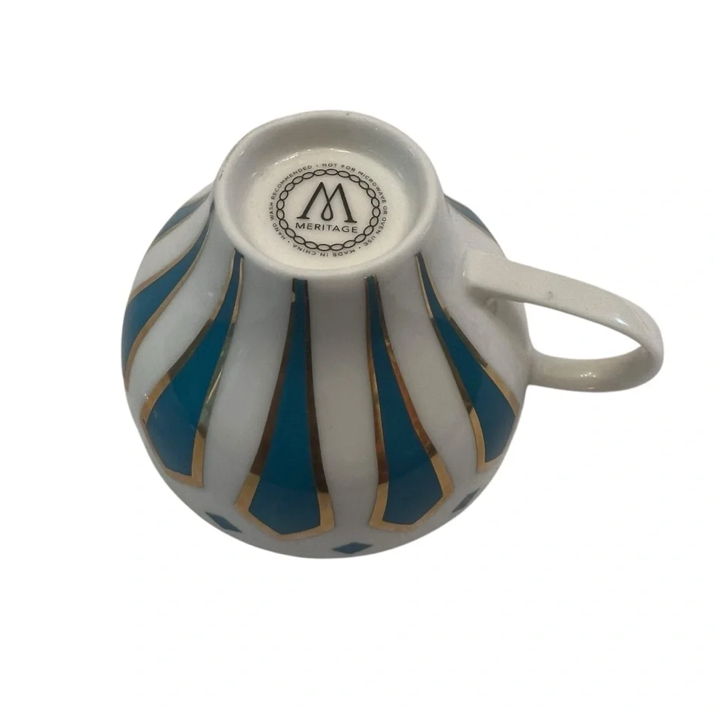 Meritage China Striped Aqua Blue and Gold Teacup and Saucer Set Tea Cup